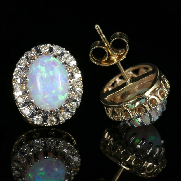 Victorian Style Opal Diamond Earrings 9Ct Gold Large Opal