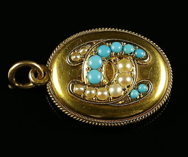 Antique Victorian Turquoise Pearl Locket 18Ct Gold  Horse Shoe