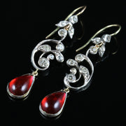 Victorian Style Red Paste Drop Earrings Silver