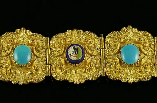 Antique Victorian Micro Mosaic Bracelet Birds/Turquoise Cannetiille Circa 1860