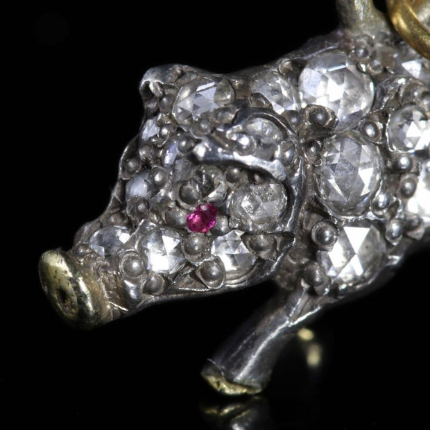Rose Cut Diamond Pendant Pig Charm 18Ct Gold And Silver