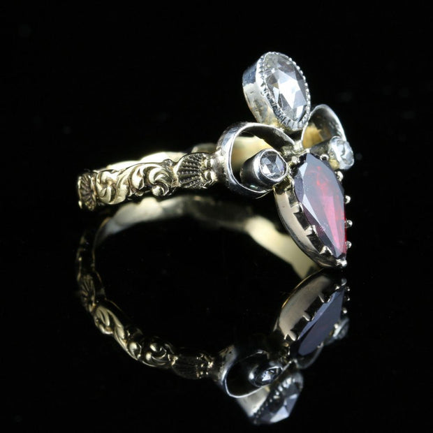 Antique Georgian Garnet Diamond Ring 18Ct Gold Fleur De Lis