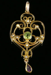 Antique Victorian Suffragette Gold  Pendant Peridot Amethyst Pearls Circa 1900