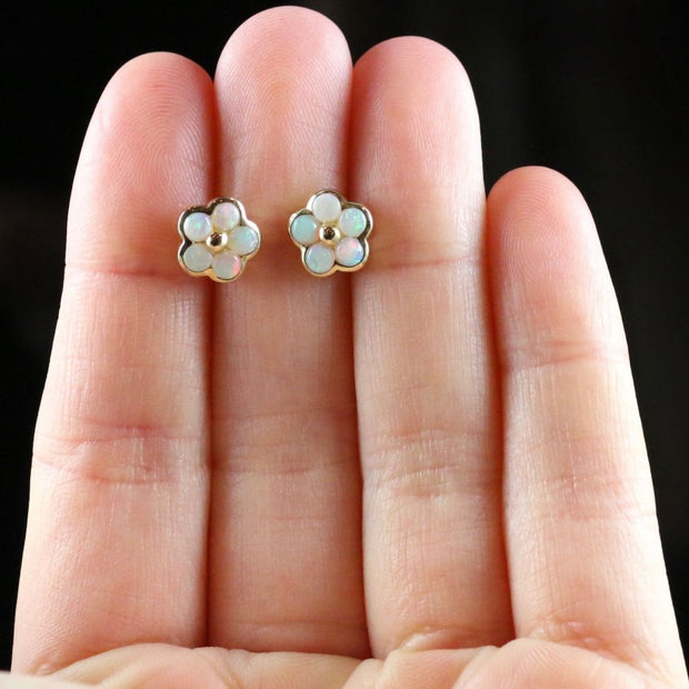Victorian Style Natural Opal Flower Stud Earrings 9ct Gold