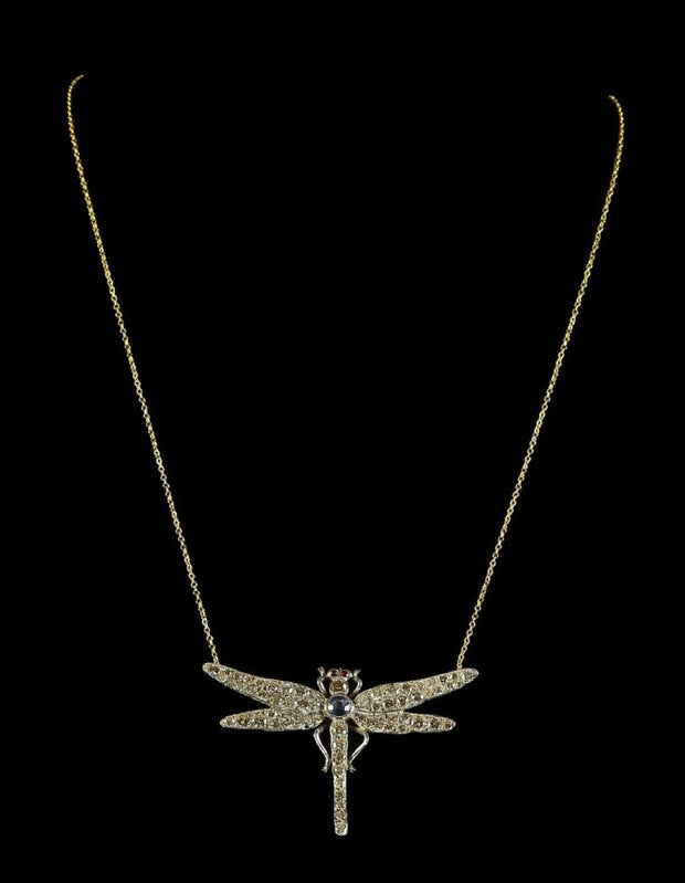 Spectacular 2.50Ct Old Cut Diamond Sapphire & Ruby Dragonfly Pendant Necklace