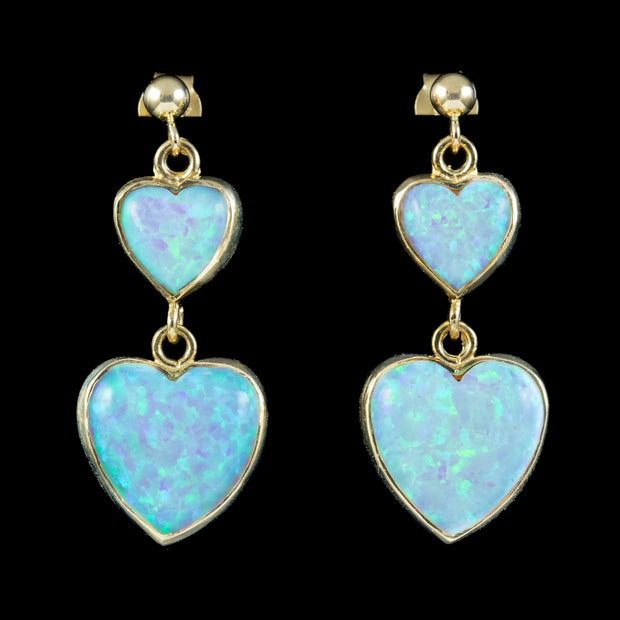 Victorian Style Opal Heart Drop Earrings 9Ct Gold 7Ct Opal