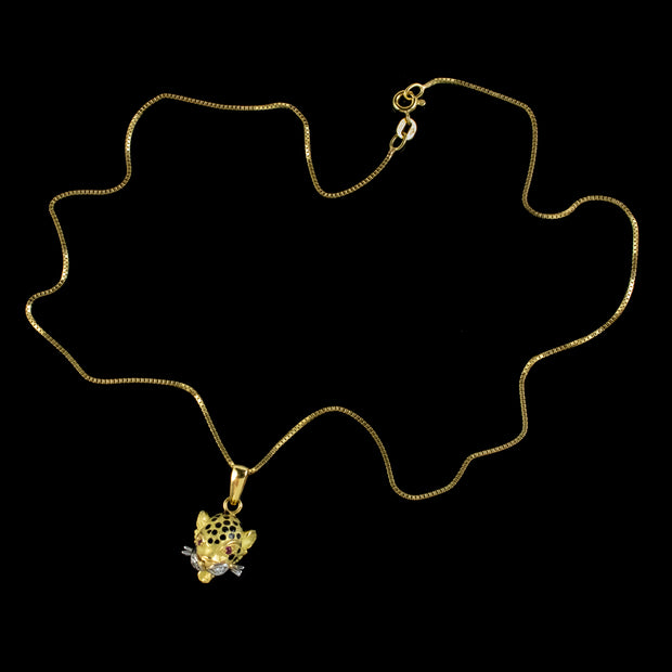 Vintage Ruby Diamond Jaguar Pendant Necklace 18ct Gold